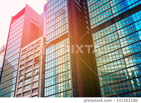 Skyscrapers tower. Facade office buildings. High-rise bank building. Hong Kong Business District. Skyscrapers tower. Facade office buildings. High-rise bank building. Hong Kong Business District. 141301186