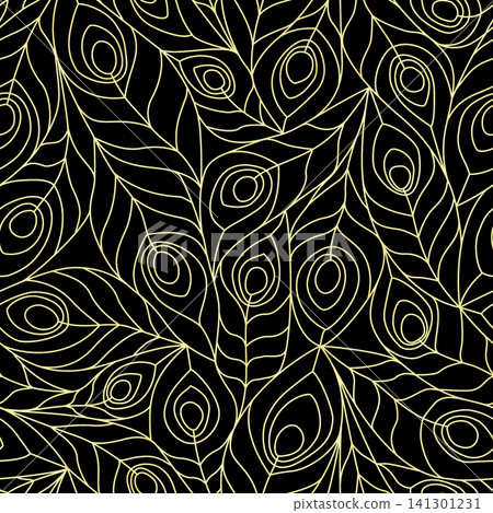 Peacock feathers black and gold abstract art nouveau stained glass seamless pattern Peacock feathers black and gold abstract art nouveau stained glass seamless pattern 141301231