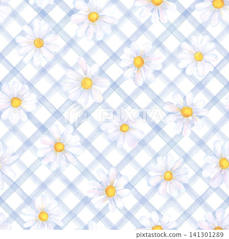 Seamless Watercolor Chamomile Pattern on Soft Blue Lattice Background Seamless Watercolor Chamomile Pattern on Soft Blue Lattice Background 141301289