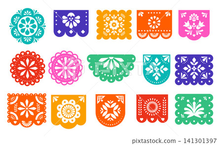 Collection of traditional Mexican colorful papel picado flags. Decorative vector elements set for Collection of traditional Mexican colorful papel picado flags. Decorative vector elements set for 141301397