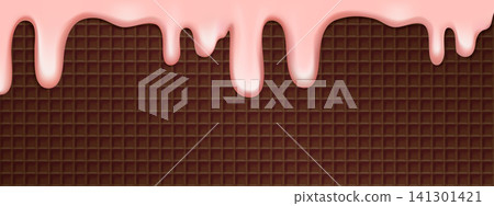 Pink ice cream melt in chocolate waffle, wafer cone texture macro. Square shape pattern bg. Strawberry candy icecream on cocoa cookie, gelato poster. Biscuit brown waffel lattice, seamless rectangle Pink ice cream melt in chocolate waffle, wafer cone texture macro. Square shape pattern bg. Strawberry candy icecream on cocoa cookie, gelato poster. Biscuit brown waffel lattice, seamless rectangle 141301421