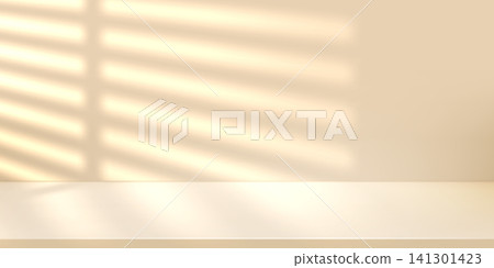Light studio wall background, empty floor for product in white kitchen. 3d cosmetic backdrop and cream gradient podium of minimal room scene. Window blinds texture shadow, gold pastel beauty mockup 141301423