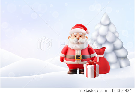 3D Santa Claus with Christmas gift bag in winter snow. Cool fur tree, merry father character. Jolly tied red pouch, Xmas realistic copy space snow pile. Vector sale 2026 noel, new year greeting card 141301424