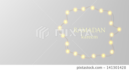 Star moon light garland wreath, fairy bulbs vector holiday card. Ramadan Kareem typography in shiny border. Wired crescent lamps glow around text, glitter ribbon ornament. Bright warm lightbulb banner Star moon light garland wreath, fairy bulbs vector holiday card. Ramadan Kareem typography in shiny border. Wired crescent lamps glow around text, glitter ribbon ornament. Bright warm lightbulb banner 141301428