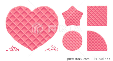 Wafer pink heart biscuit and creamy star cake, sweet crispy square waffel. Waffle candy texture and ice-cream cone cookie, 3d vector pattern. Round belgian dessert, triangle shape realistic bakery Wafer pink heart biscuit and creamy star cake, sweet crispy square waffel. Waffle candy texture and ice-cream cone cookie, 3d vector pattern. Round belgian dessert, triangle shape realistic bakery 141301433