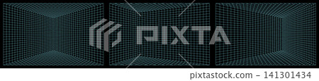 Linear grid bg with 3d floor space, pattern perspective gameplay. Digital retro wireframe, futuristic grid room, technology vector texture. Black cube scan box. Cyber metaverse, synthwave technology Linear grid bg with 3d floor space, pattern perspective gameplay. Digital retro wireframe, futuristic grid room, technology vector texture. Black cube scan box. Cyber metaverse, synthwave technology 141301434