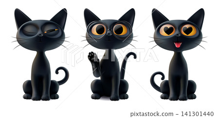 Magic black cat 3d realistic haloween kawai illustration. Devil closed eye peek, boo for friday 13. Raised paw kitten meow as hello sign, love hearts in look. Happy smiling cute animal, vector render Magic black cat 3d realistic haloween kawai illustration. Devil closed eye peek, boo for friday 13. Raised paw kitten meow as hello sign, love hearts in look. Happy smiling cute animal, vector render 141301440