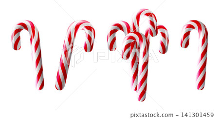3D candy cane emoji, fruit stick ornament. Red pattern curved shape xmas lollipop. Render on white bg, dessert toy element. Twisted ribbon realistic isolated, new year holiday vector. Shiny sweet food 3D candy cane emoji, fruit stick ornament. Red pattern curved shape xmas lollipop. Render on white bg, dessert toy element. Twisted ribbon realistic isolated, new year holiday vector. Shiny sweet food 141301459