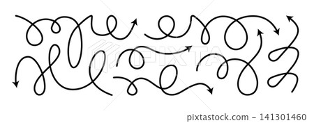 Dashed arrow squiggly vector line set. Curved shape doodle brush element. Complex plan, map path pattern. 3d up down direction scribble dynamic curly marker. Looped black stroke twirl spiral handdrawn Dashed arrow squiggly vector line set. Curved shape doodle brush element. Complex plan, map path pattern. 3d up down direction scribble dynamic curly marker. Looped black stroke twirl spiral handdrawn 141301460