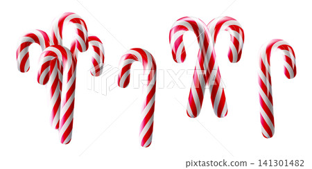 Candy cane 3D, fruit iced stick. Winter season caramel tasty lollipop. Red new year pattern, bent shape for xmas gift. Twisted ropes holiday dessert ribbon isolated. Sweet food set, sugar cute snack 141301482
