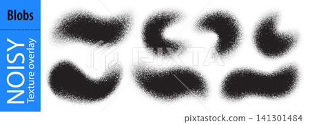 Sprayed gradient brush, wave granularity paint with noise point pattern. Abstract white shadow for grainy dotted element and black blob shape. Gradation halftone spiral sandy background, spray texture 141301484
