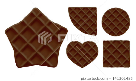 Chocolate waffle cracker pancakes, round square waffle. Brunch pattern with brown stroopwafel creamy biscuit, circle or star shape pastry. Dutch coffles texture of realistic 3d graham triangle cookies 141301485