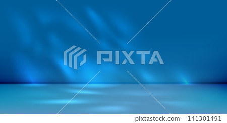 Blue studio podium with gradient plant shadow gobo and sun light limbo. Navy stage with 3d perspective, wall and shelf bg. Photo space for spotlight product banner, dark award or presentation design Blue studio podium with gradient plant shadow gobo and sun light limbo. Navy stage with 3d perspective, wall and shelf bg. Photo space for spotlight product banner, dark award or presentation design 141301491