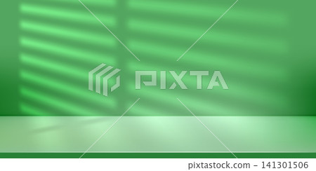 Abstract dark studio with room podium on light green 3D background. Shadows cast by window blinds on wall and floor, solid office pedestal and horizontal jalousie texture. Lemon bg bright gradient Abstract dark studio with room podium on light green 3D background. Shadows cast by window blinds on wall and floor, solid office pedestal and horizontal jalousie texture. Lemon bg bright gradient 141301506