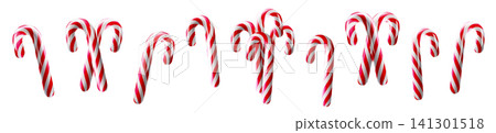 3D candy cane, fruit stick ornament. Realistic striped sugar sweet, holiday vector. Shiny glazed food set, glossy barley stripe. Red pattern emoji, new year render. Dessert gift lollipop, xmas shape 3D candy cane, fruit stick ornament. Realistic striped sugar sweet, holiday vector. Shiny glazed food set, glossy barley stripe. Red pattern emoji, new year render. Dessert gift lollipop, xmas shape 141301518