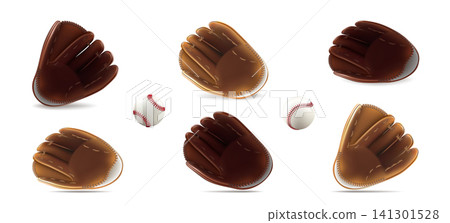 Baseball ball, bat, glove. 3d white softball, vintage player mitt, wood line stick. Logo base equipment illustration. Catch flyer american field sport. Red texture sweepstakes. Vector isolated clipart 141301528