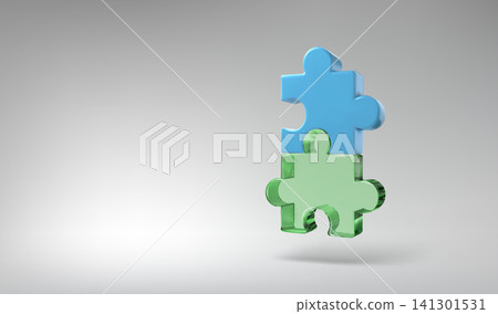 3D puzzle, jigsaw float on abstract grey bg. Business team concept, solve problem challenge. Connect pieces strategy. Partnership helps join toy parts together. Solve logic maze. Isometric scene glass 141301531