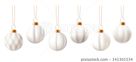 3d decorations white bauble, Christmas ball ornament. Bulb xmas toy elements on white bg. Bright decor hanging on ribbon, realistic new year. Glossy sphere, sparkle vector set. Elegant bubble mockup 3d decorations white bauble, Christmas ball ornament. Bulb xmas toy elements on white bg. Bright decor hanging on ribbon, realistic new year. Glossy sphere, sparkle vector set. Elegant bubble mockup 141301534