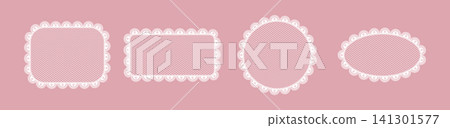 Elegant lace doily borders featuring vintage patterns and decorative ribbons. Whimsical frames with floral ornaments, bows, and heart shapes ideal for romantic greeting cards. Elegant lace doily borders featuring vintage patterns and decorative ribbons. Whimsical frames with floral ornaments, bows, and heart shapes ideal for romantic greeting cards. 141301577