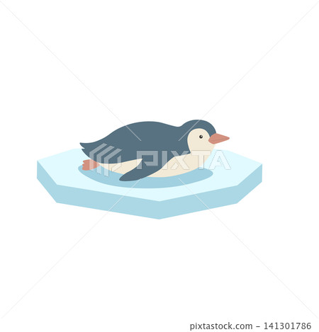 An illustration of a penguin lying on the ice; a baby penguin, simple and cute. 141301786