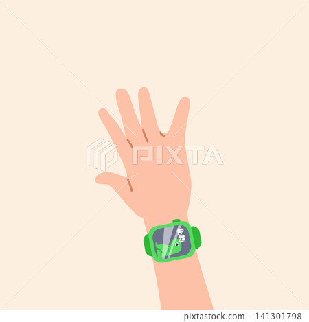 Cute green kid smart watch on hand wrist Cute green kid smart watch on hand wrist 141301798