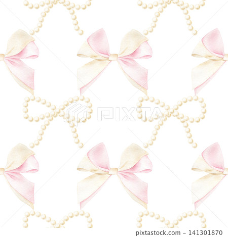 Watercolor seamless pattern with elegant pink fabric bows and dainty pearl bead bows. Romantic feminine background for wedding stationery, luxury packaging, baby girl apparel and nursery decor. Watercolor seamless pattern with elegant pink fabric bows and dainty pearl bead bows. Romantic feminine background for wedding stationery, luxury packaging, baby girl apparel and nursery decor. 141301870