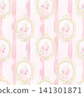 Watercolor seamless pattern featuring vintage gold frames with pink roses on a soft striped background. Elegant romantic design for luxury wedding stationery, home decor and feminine branding. 141301871