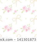 Watercolor seamless pattern featuring illustration delicate pink roses and elegant pearl bows on white background. Romantic and feminine design for luxury wedding stationery, apparel and baby decor. 141301873
