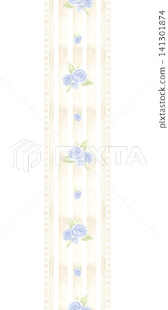 Seamless watercolor vertical border featuring delicate blue roses on a beige striped background with lace trim. Elegant design for wedding stationery, romantic invitations, menus and scrapbooking Seamless watercolor vertical border featuring delicate blue roses on a beige striped background with lace trim. Elegant design for wedding stationery, romantic invitations, menus and scrapbooking 141301874