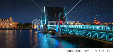 Saint-Petersburg, Russia - June 12, 2026, panoramic view from Neva River of St. Isaac's Cathedral, raised Palace Bridge, and Admiralty, illuminated at night, St Petersburg, Russia Saint-Petersburg, Russia - June 12, 2026, panoramic view from Neva River of St. Isaac's Cathedral, raised Palace Bridge, and Admiralty, illuminated at night, St Petersburg, Russia 141301950