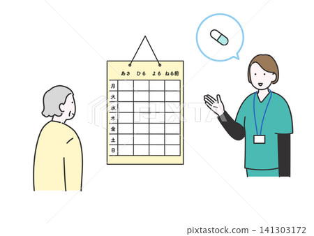 An illustration of an elderly person using a medication calendar to manage their medication and a nurse providing guidance. An illustration of an elderly person using a medication calendar to manage their medication and a nurse providing guidance. 141303172