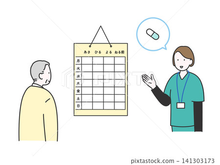 Illustration of a nurse giving medication guidance using a medication calendar. Illustration of a nurse giving medication guidance using a medication calendar. 141303173