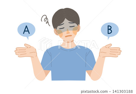 一幅描繪男子對選項 A 和 B 感到不安的插圖。 一幅描繪男子對選項 A 和 B 感到不安的插圖。 141303188