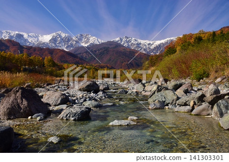 A view of the snow-capped peaks of Hakuba from Hakuba Village in autumn. A view of the snow-capped peaks of Hakuba from Hakuba Village in autumn. 141303301