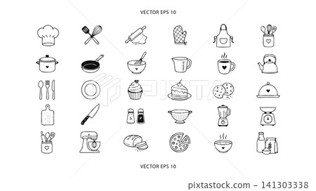 Kitchen Cooking Restaurant Hand Drawn Line Icon Set 141303338