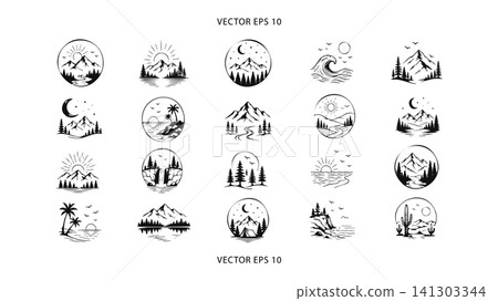 Hand Drawn Nature Landscape Travel Badge Icon Set Hand Drawn Nature Landscape Travel Badge Icon Set 141303344
