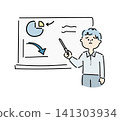 A cute, hand-drawn illustration of a businessman pointing to a whiteboard and explaining something. 141303934