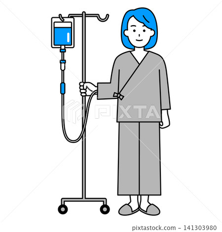 A young female patient (whole body) holding an IV stand. A young female patient (whole body) holding an IV stand. 141303980