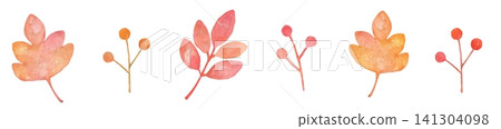 Autumn-colored leaves painted in watercolor - line art 141304098