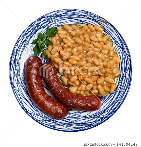 Fried sausages served with beans on plate Fried sausages served with beans on plate 141304142