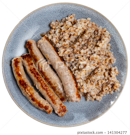 Fried pork or chicken homemade sausage and porridge buckwheat 141304277