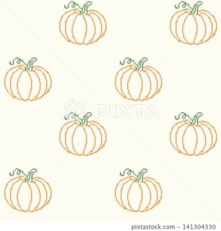 Autumn pumpkin cross stitch embroidery seamless pattern. Vintage pixelated needlework repeating background with handmade orange squash vector illustration. Autumn pumpkin cross stitch embroidery seamless pattern. Vintage pixelated needlework repeating background with handmade orange squash vector illustration. 141304330