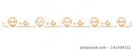 Halloween skull cross stitch embroidery seamless border. Vintage pixelated needlework horizontal divider ribbon vector illustration isolated on white background Halloween skull cross stitch embroidery seamless border. Vintage pixelated needlework horizontal divider ribbon vector illustration isolated on white background 141304332