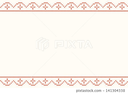 Background with cross-stitch embroidery geometric border. Horizontal banner with pixelated needlework vintage frame. Cottagecore greeting card, traditional stationary design, handmade craft header. Background with cross-stitch embroidery geometric border. Horizontal banner with pixelated needlework vintage frame. Cottagecore greeting card, traditional stationary design, handmade craft header. 141304338