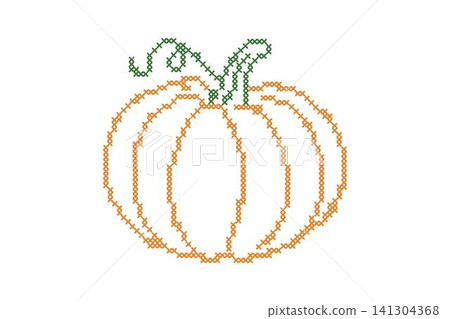 Cross stitch embroidery autumn pumpkin. Vintage pixelated needlework seasonal graphic element. Vector illustration isolated on white background. 141304368