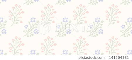 Cross-stitch embroidery field flowers seamless pattern. Horizontal banner with vintage wildflowers. A geometric pixelated needlework wallpaper for cottagecore crafts, website headers, fabric design.  141304381
