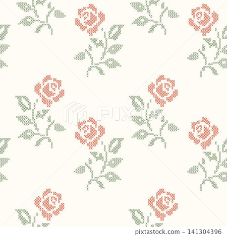 Red and green cross-stitch embroidery roses seamless pattern on beige background. A geometric pixelated needlework vintage floral wallpaper for cottagecore crafts, textiles, wrapping, fabric design. Red and green cross-stitch embroidery roses seamless pattern on beige background. A geometric pixelated needlework vintage floral wallpaper for cottagecore crafts, textiles, wrapping, fabric design. 141304396