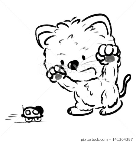 Cute cat standing up and scaring a toy car cartoon outline illustration Cute cat standing up and scaring a toy car cartoon outline illustration 141304397