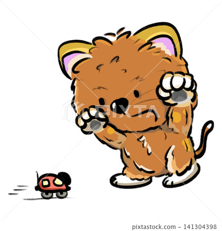 Cute cat standing up and scaring a toy car cartoon illustration Cute cat standing up and scaring a toy car cartoon illustration 141304398