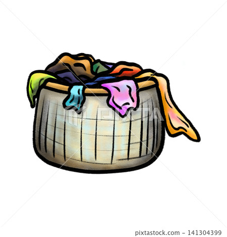 Cartoon woven laundry basket overflowing with clothes isolated illustration Cartoon woven laundry basket overflowing with clothes isolated illustration 141304399